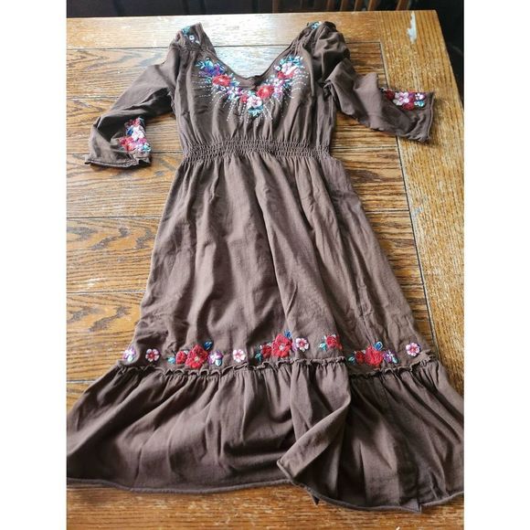 Johnny Was brown vneck embroidered boho elastic waist cotton dress sz S - Picture 4 of 4